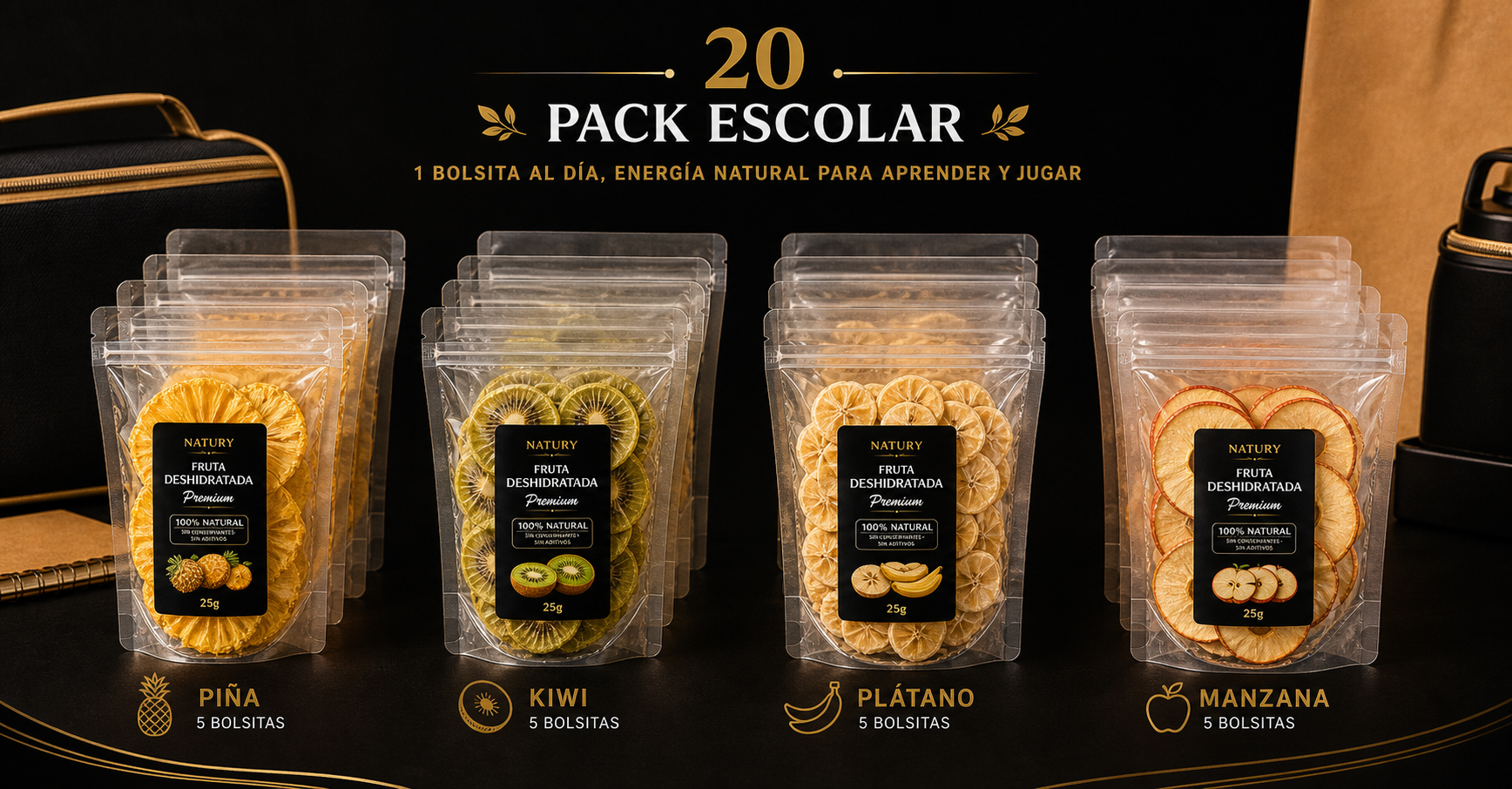 Pack colegial NATURY de 20 bolsas de 25g agrupadas por piña, kiwi, platano y manzana