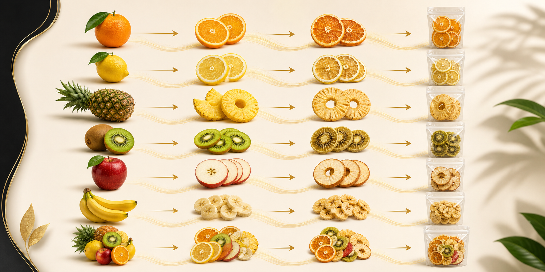 Proceso de frutas NATURY desde fruta fresca a rodajas, deshidratado y envase